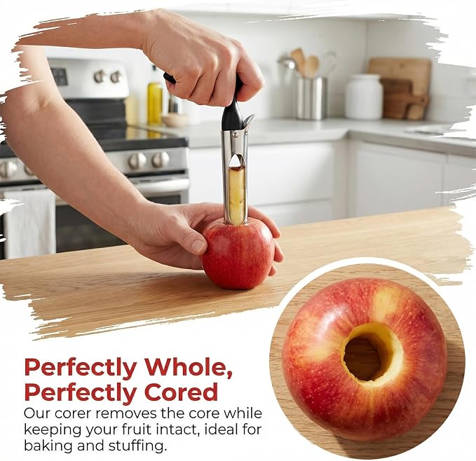 Apple Corer Tool, Stainless Steel Apple Core Remover with Easy Push Core Release, Serrated Coring Head, Non-Slip Handle, Dishwasher Safe for Apples, Pears and Bell Peppers