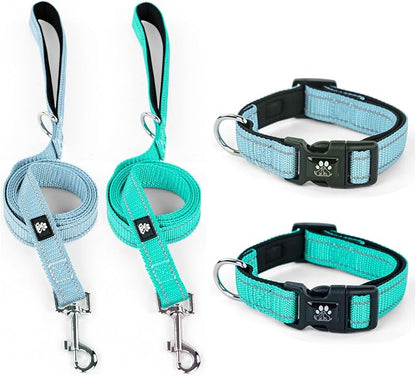 IVY&LANE 2 Pack Reflective Dog Collars and Leashs Set,Adjustable Neoprene Padded Dog Collar for Puppy, Breathable Nylon Pet Collar for Small Medium Large Dogs(Large,Blue+Teal)
