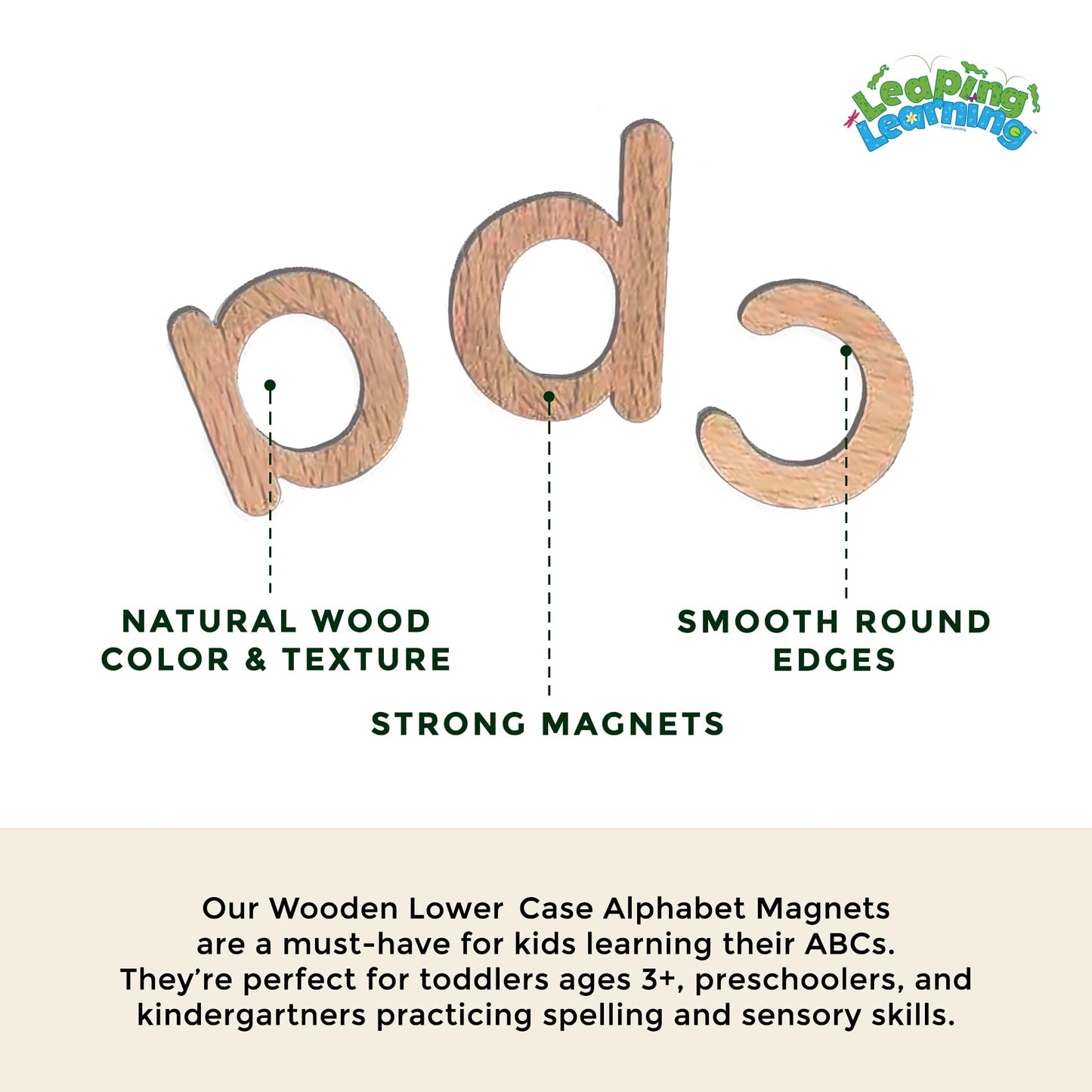 LEAPING LEARNING Alphabet Magnets - Magnetic Letters for Kids, Wooden Letters for Learning & Classroom Supplies, Ideal for Refrigerators, School Board, & Early Literacy Educational Toys 3+ (Lowercase)