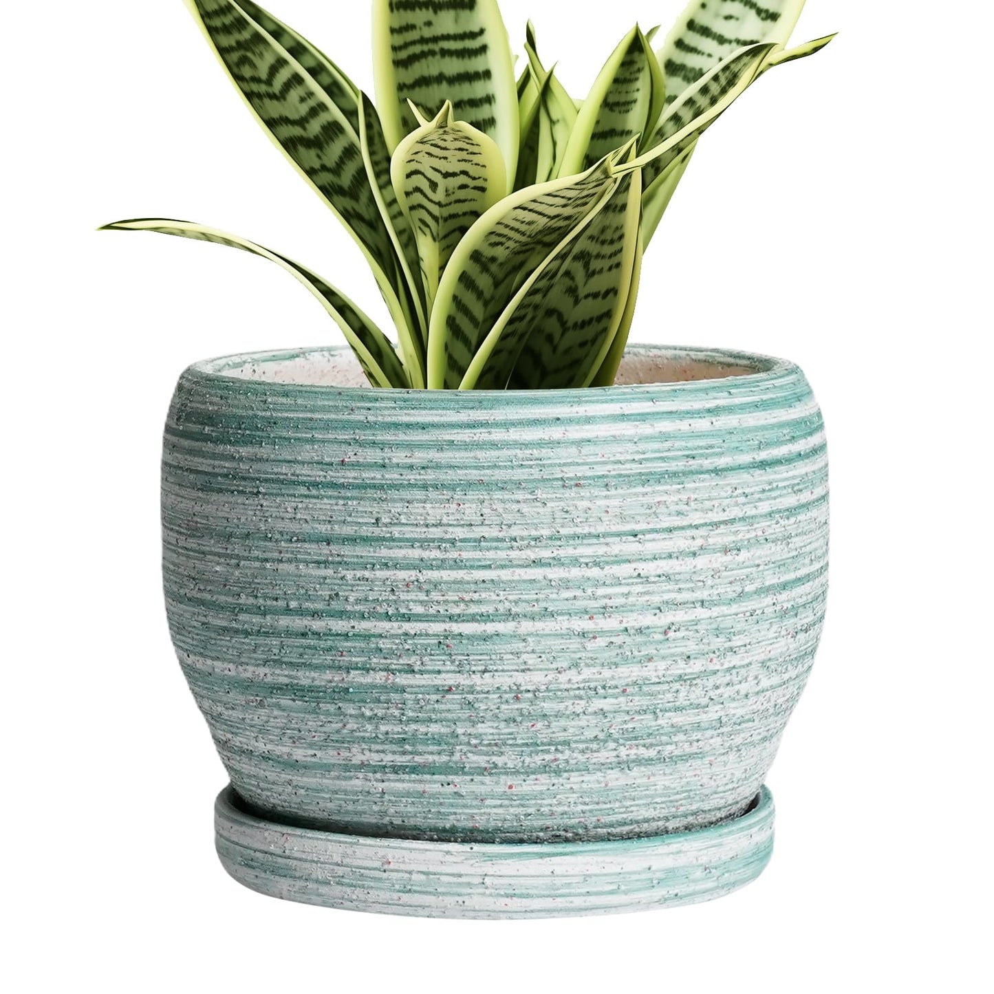 SQOWL Ceramic Plant Pots - 6 Inch Planter with Drainage Hole and Tray, Round Flower Pot for Indoor Plants, Decorative Succulent Planter Outdoor, Home House Decor, Gifts for Women Men, Green