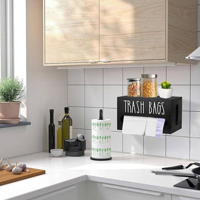 Trash Bag Dispenser,Wooden Trash Bag Dispenser with Lid,Under Sink or Countertop Holder, Plastic Bags Organizer Storage for Home Décor