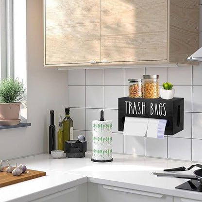 Trash Bag Dispenser,Wooden Trash Bag Dispenser with Lid,Under Sink or Countertop Holder, Plastic Bags Organizer Storage for Home Décor