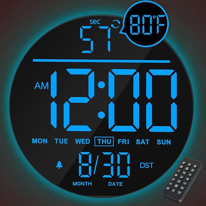 JALL 10" Large Digital Wall Clock with Seconds, Alarm Countdown Timer, Big LED Display, RGB Color, DST, Temperature, Mounted for Bedroom Living Room Office Classroom Gym, Xmas Birthday Gift, Blue