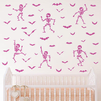Halloween Wall Decals and Skeleton Window Clings - 6 Sheets 43 Pcs Removable Pink Ghost Bat Wall Stickers for Mirrors, Windows, Home Bedroom Party Decor