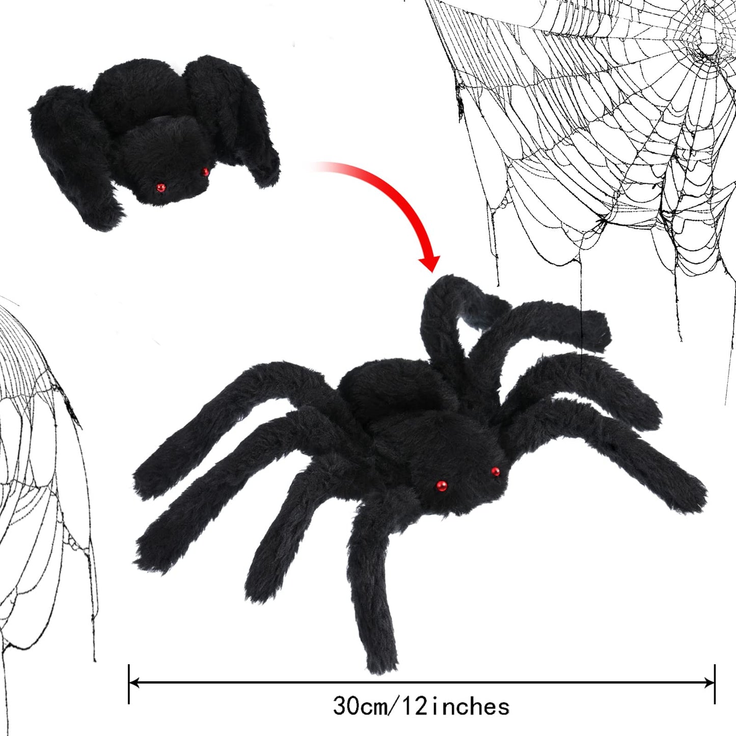JOVITEC 4 Pack Hairy Spiders Giant Spider Huge Spider Fake Hairy Spider Toys for Halloween Parties Haunted House Decorations, 12 Inches (Black)