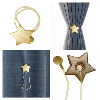 Magnetic Curtain Tiebacks Clips Decorative Rope Holdbacks 1 Pair Gold Moon and Star Shape Window Curtain Drape Tie Backs for Window Draperies Hold, Bedroom Home Décor (1pc Moon +1pc Star)