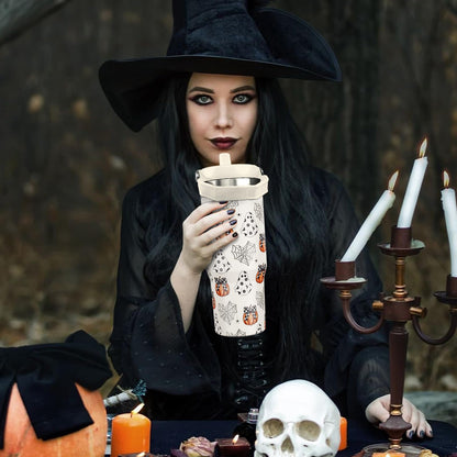 nmbnswo 30 oz Halloween Tumbler with Lid and Straw, Ghost Pumpkin Bow Tumbler Insulated Coffee Travel Mugs Cup Water Bottle Cute Halloween Gifts for Women Girls