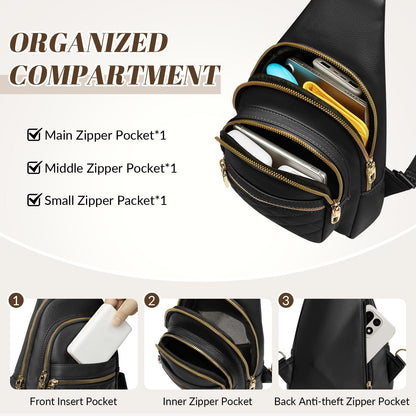 JASGOOD Women Anti-theft Crossbody Sling Bag, Leather Chest Bag Sling Backpack for Fashion Travel,Black