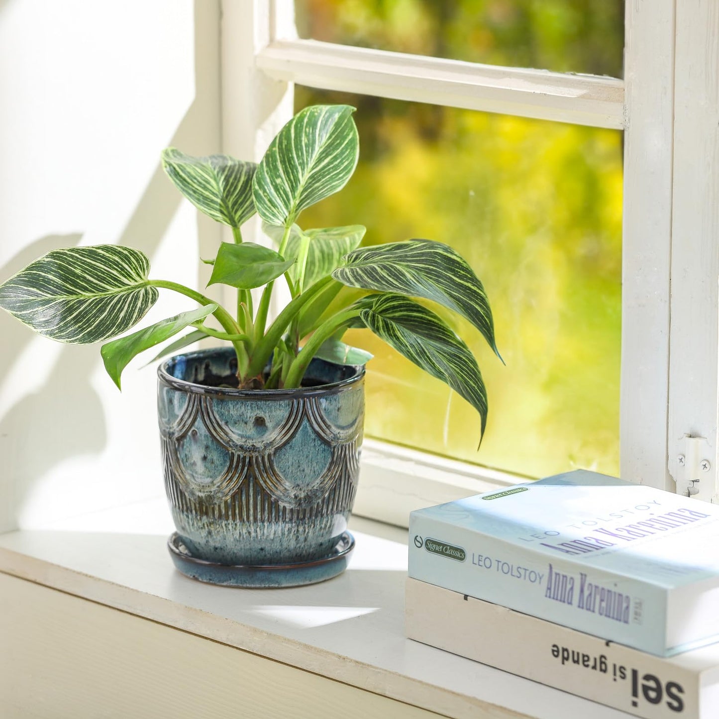 Chralji GIFTWARE Ceramic Planter Pot, 5in, Reactive Glaze Blue, Indoor Outdoor Usage, with Drainage Hole and Saucer