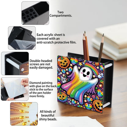 MVVMTOP Diamond Painting Pen Holder Kit Halloween Rainbow ghost and pumpkin Theme Acrylic Desk Organizer DIY Diamond Art Special Shape Pencil Holder for Office Home Decoration Holiday Gift
