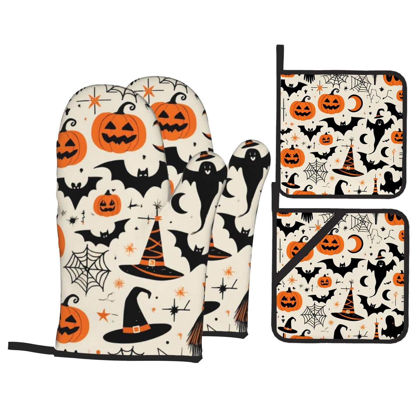 Halloween Pumpkin Bat Pattern Oven Gloves and Hot Pads Set - Heatproof Hand Protection for Baking, Grilling, Cooking 4Pcs