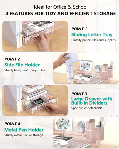 WALI Desk File Organizer, 4 Tier Desktop Paper Letter Tray Organizer with Drawer and 2 Pen Holders, Office Desk Accessories & Workspace Organizers for Office, Home Supplies(DO005DH-P), 1 Pack, Pink