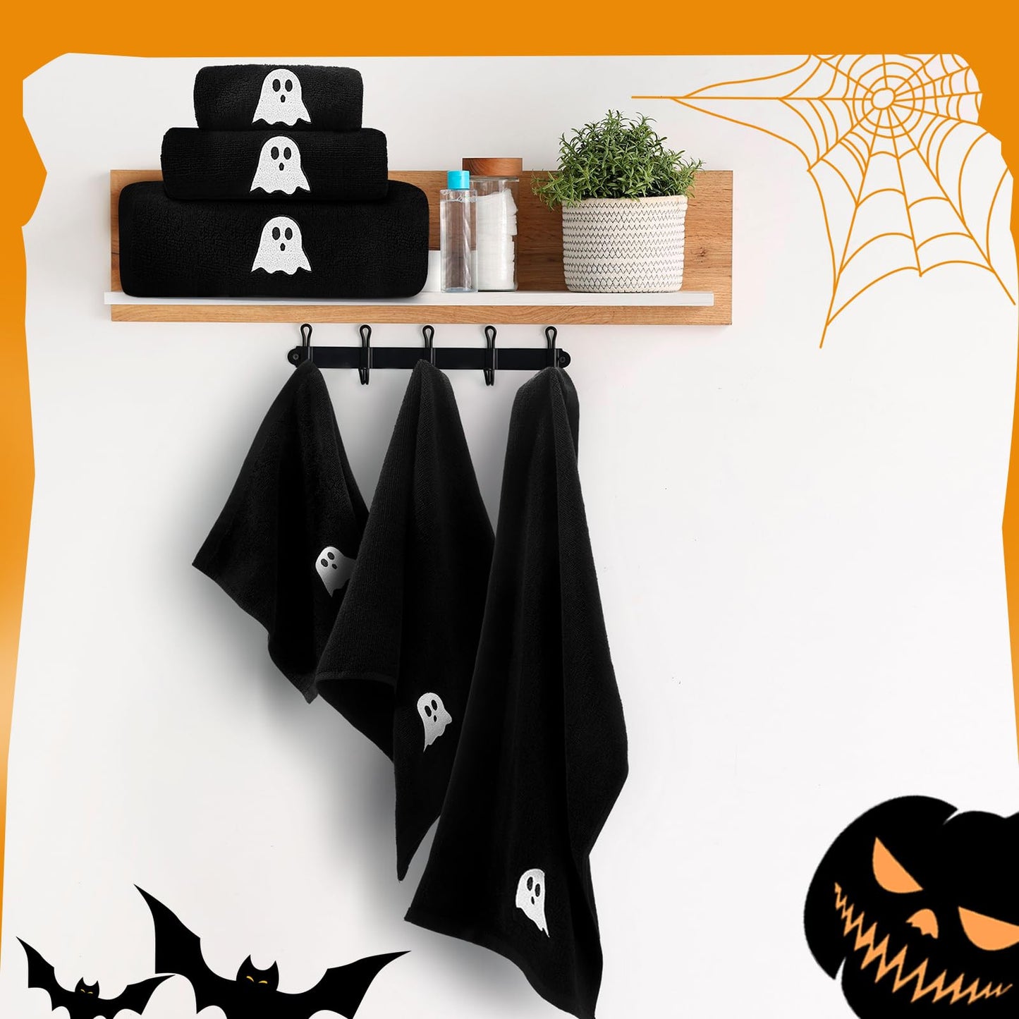 Peryiter 3 Pcs Beach Hand Towels for Bathroom Cotton Embroidered 1 Bath Towel 1 Hand Towel and 1 Wash Cloth Absorbent Bath Sheets for Bathroom Decor (Black,Halloween)