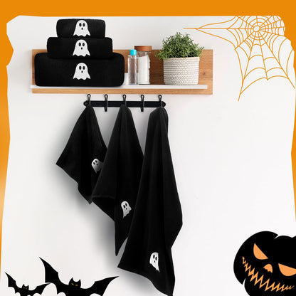Peryiter 3 Pcs Beach Hand Towels for Bathroom Cotton Embroidered 1 Bath Towel 1 Hand Towel and 1 Wash Cloth Absorbent Bath Sheets for Bathroom Decor (Black,Halloween)