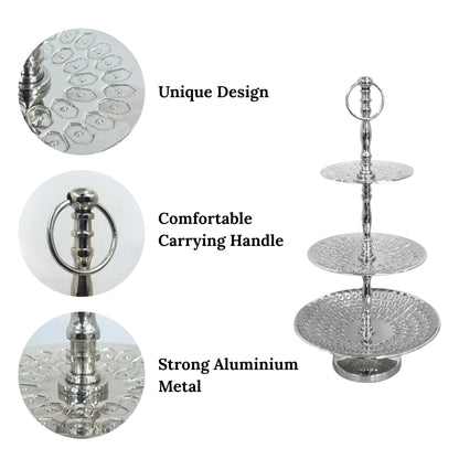 Rely+ Dessert Cupcake Stand 3-Tiered Serving Tray 20" Tall 3 Tier Fruits and Cup Cake Stand for Tea Party Birthday Holiday Gatherings Weddings Baby Showers Silver Finish Sturdy Design (Hexagonal)