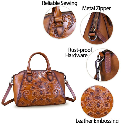 Genuine Leather Satchel for Women Top Handle Bags Handmade Purse Vintage Embossed Leather Crossbody Handbags Hobo Bag (Brown)