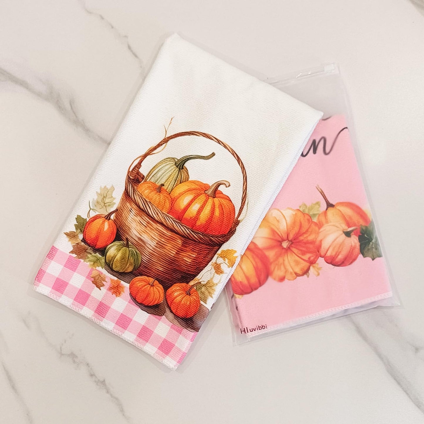 Hluvibbi Hello Pumpkin Fall Kitchen Towels Decor Set of 2,Pink Plaid Autumn Dish Towels 17"x27",Farmhouse Indoor Thanksgiving Halloween Seasonal Home Decorations Cute Hand Towels