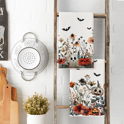 Artoid Mode Ghost Pumpkins Bats Floral Spooky Halloween Kitchen Towels Dish Towels, 18x26 Inch Jack-O'-Lantern Decoration Hand Towels Set of 2