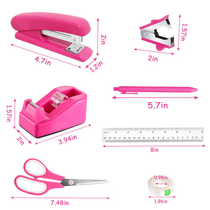 Dimonluce Hot Pink Desk Accessories, Hot Pink Office Supplies Accessories with Tape Dispenser, Stapler, Staple Remover, 1000 Staples, Tape, Clips Set, Ruler, Scissor, Pen