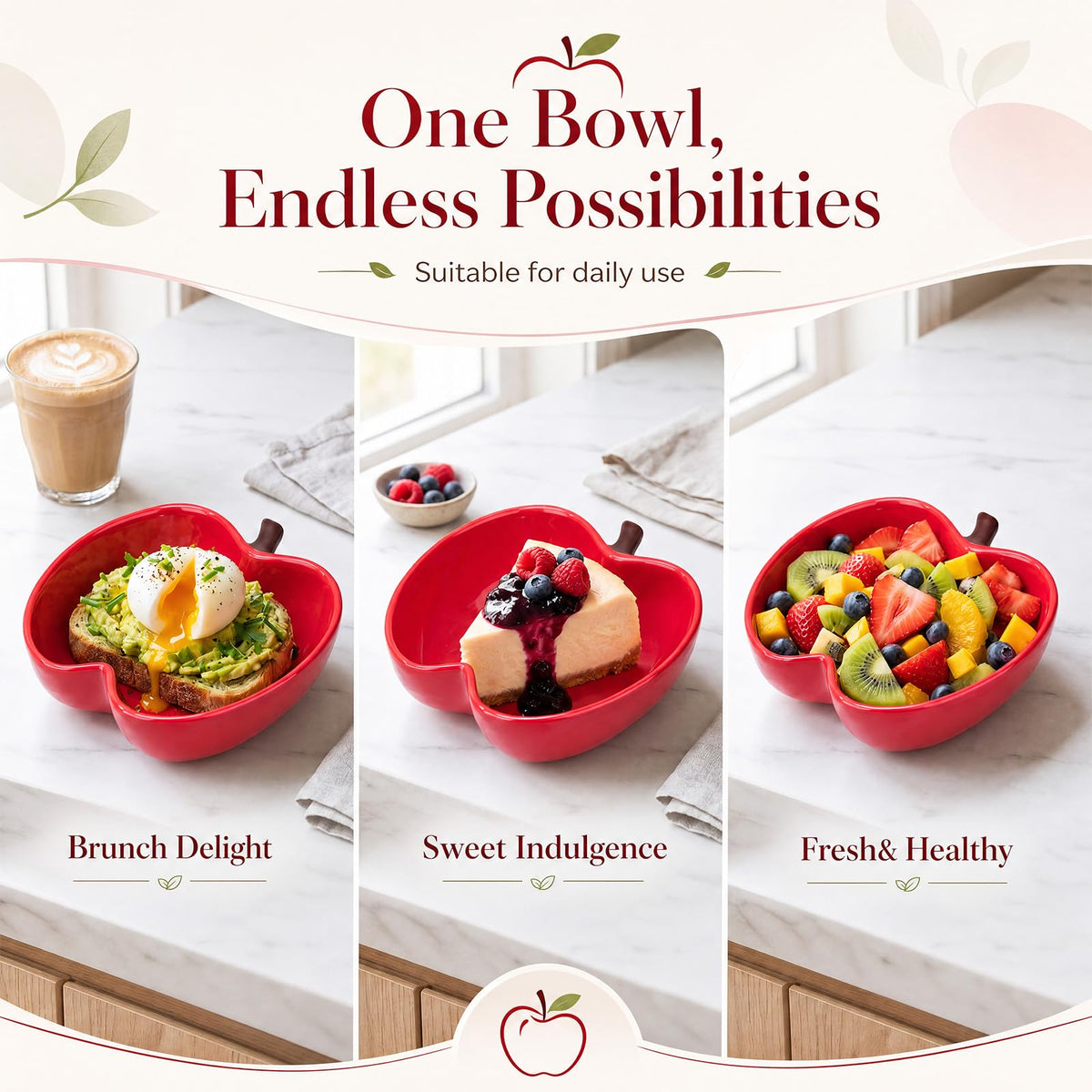 Jinei 2 Pcs Red Apple Shaped Ceramic Bowl Set Cute Snack & Fruit Bowls Back to School End of Year Teacher Appreciation Gift Serving Dish for Dorm Kitchen Counter Party Table Decoration