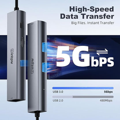 intpw USB C to USB A Hub 6 Ports with 4K HDMI Ethernet 100W PD Type C Hub USB 3.0 5Gbps Aluminum Adapter Multiport USB C Hub for Laptop, Mac, iPad, PC (1.97FT(6in1,HDMI 4K))