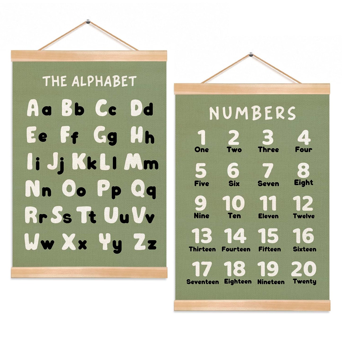 Alphabet and Numbers Chart Poster Set of 2, Alphabet Numbers Wall Art 14x18.5inch,ABC Banner Posters, Banner Wall Hanging Decor for Toddler Room Playroom Nursery Wall Classroom Decor (Olive Green ABC&123)