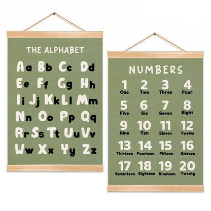 Alphabet and Numbers Chart Poster Set of 2, Alphabet Numbers Wall Art 14x18.5inch,ABC Banner Posters, Banner Wall Hanging Decor for Toddler Room Playroom Nursery Wall Classroom Decor (Olive Green ABC&123)