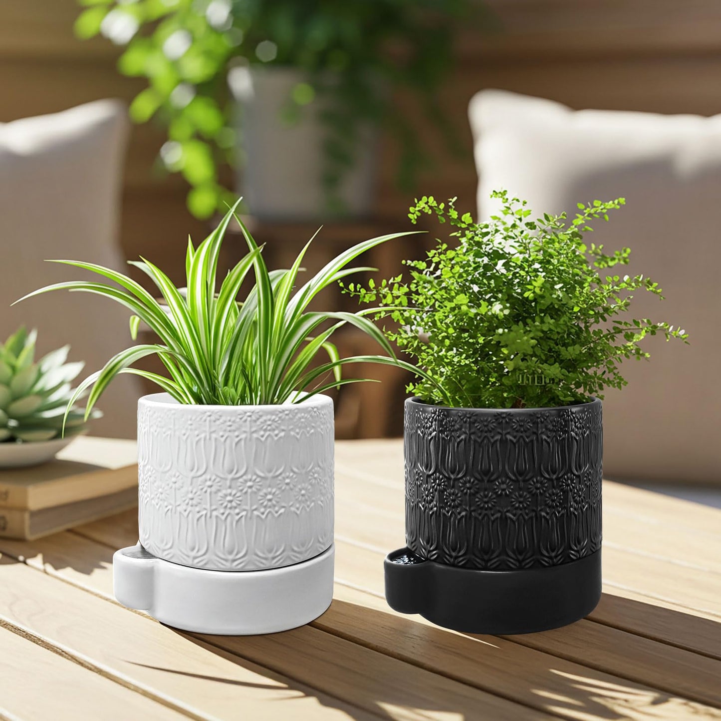 AmiCera Ceramic Plant Pots, Ceramic Outdoor Planters with Drainage Holes, Modern Planters for Indoor Plants, Black Flower Pot Relief Design, Decorative Gardening Gift for Plant Lover, 5.5 Inch