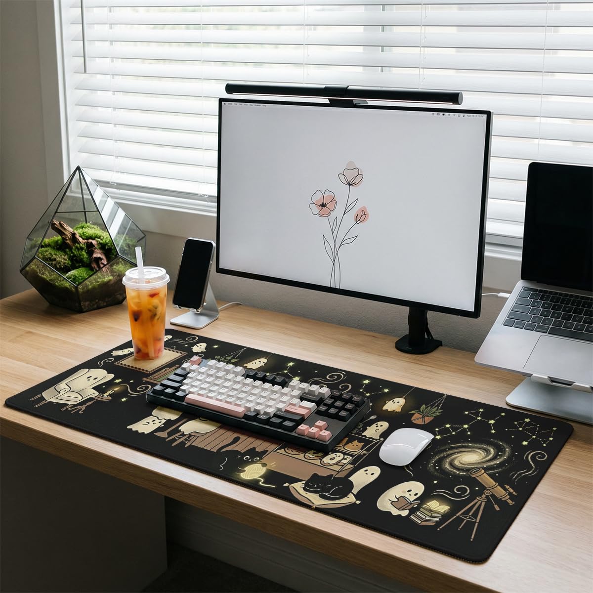 Cute Ghost Desk Pad Mouse Pad Halloween Cozy Spooky Black Cat Extended Gaming Mouse Pad Mat with Stitched Edge Non-Slip Base Big Mousepad 31.5 x 11.8 Inch
