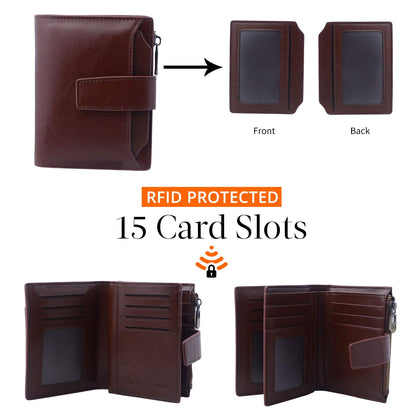 Bveyzi Women's Small Leather RFID Blocking Bifold Zipper Pocket Wallet Ladies Credit Card Slots Purse with id Window(Coffee)