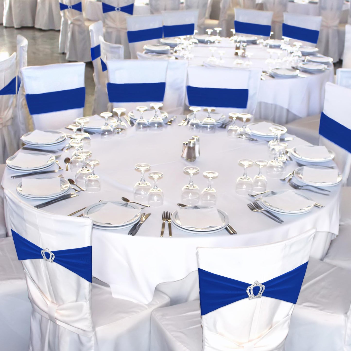 Cinnvoice 150 Pcs Spandex Chair Sashes Stretch Chair Covers with Crown Buckle Elastic Chair Bows Ties with Buckle Slider for Wedding Banquet Party Event Decoration(Royal Blue)