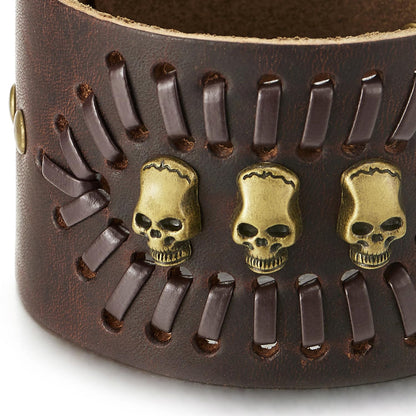 COOLSTEELANDBEYOND Men’s Brown Leather Skull Cuff Bracelet, Wide Adjustable Wristband with Vintage Punk Detail, Biker Fashion Jewelry Gift for Him
