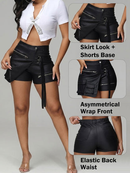 KANSOON Women Leather Shorts Metallic High Waisted Cargo Skort Sexy Rave Asymmetrical Skirt Skorts Black S