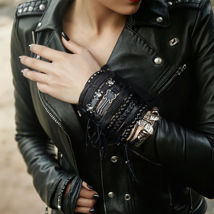 Aijewelop 10pcs/set Black Punk Style PU Leather Bracelet Set - Adjustable Cuff Wraps for Men & Women, Perfect for Casual Attire & Gifting