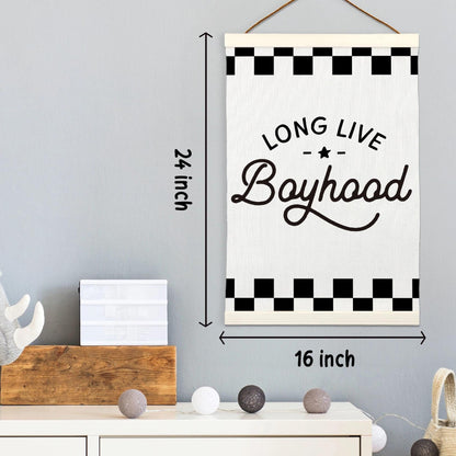 LKETW Long Live Boyhood Poster Hanger Frame 12x16 Inch, Race Car Boy Nursery Wall Art Posters for Playroom, Black and White Checkered Hanging Banner Decor for Toddler Boy Nursery Room Bedroom