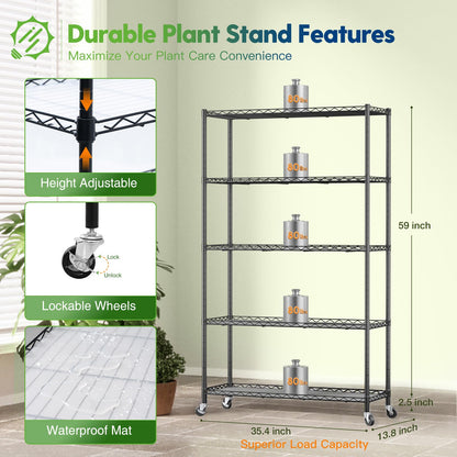 FREELICHT DIY Plant Shelf with Grow Light, 5-Tier, 2FT 5000K 120W(4x30W), Full Spectrum, Metal Plant Stand with Adjustable Rack and Wheel, LED Grow Lights with Timer for Seed Starting 35.4x13.8x61.5IN