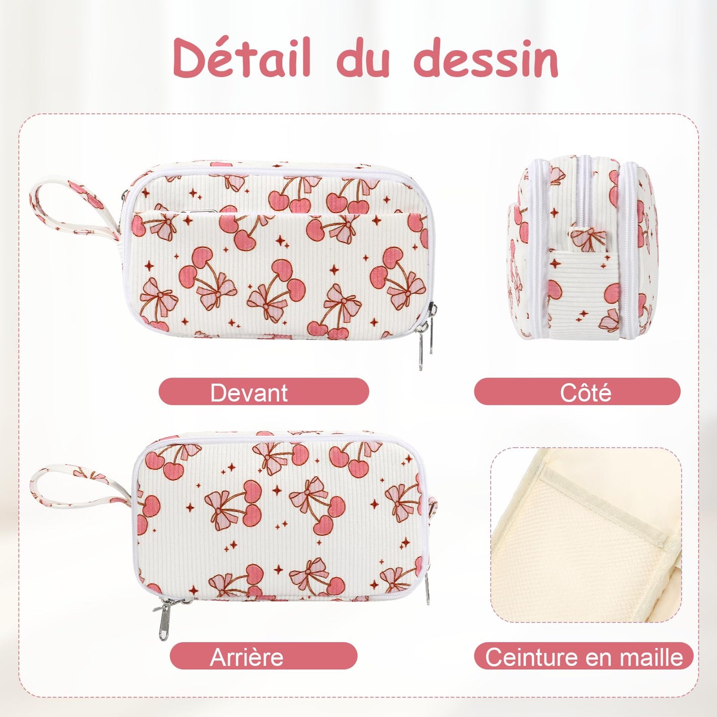 BuyCard Large Capacity Pencil Case, White With Pink Cherry Pattern, Corduroy Pencil Bag with Zipper Closure, Graduation Gift Office Stationery Storage Pen Pouch for Classroom Teacher