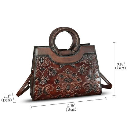 Genuine Leather Purses and Handbags for Women Vintage Embossed Leather Crossbody Shoulder Bag Satchel Top Handle Bags (Coffee)