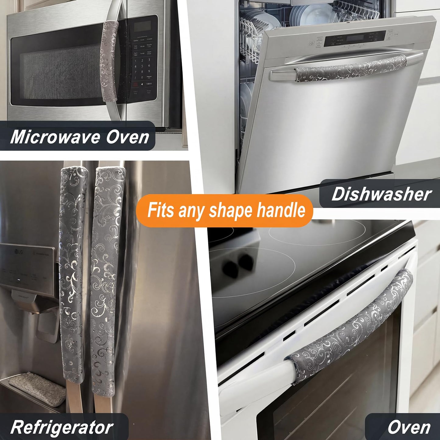 Volecy Refrigerator Handle Covers, Set of 6, Washable Velvet Appliance Door Handle Covers, Adjustable Handle Protectors, Kitchen Decor Keep Clean for Fridge Oven Stove Microwave Dishwasher(Gray Silve)
