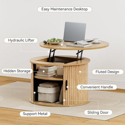 FABATO Round Lift Top Coffee Table, Fluted Wood Accent Coffee Table with Hidden Storage and Open Shelves, Drum Table with Sliding Rolling Door, Small Center Table Dining Table for Living Room, Wood