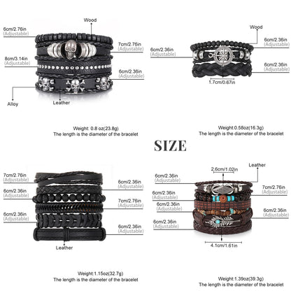 KISS WIFE Leather Bracelet for Men, 4 Packs Punk Bracelets Set, PU Braided Wrap Wristband Skull Skeleton Rock Emo Jewelry Accessories Adjustable Black Brown
