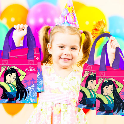 Mulan Party Favor Bags Set – 12 Pack 8" Disney Goodie Bags for Kids Bulk Reusable Mini Totes | Disney Mulan Birthday Party Supplies