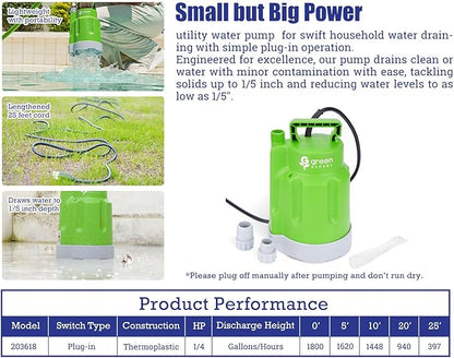 Green Expert 1/4HP Submersible Sump Pump 25-Foot Long Power Cord High Flow 1800GPH for Fast Water Removal Easy to Use in Pool Hot Tub Flooded House Drainage Household Drain Pump Suit to Garden Hoses