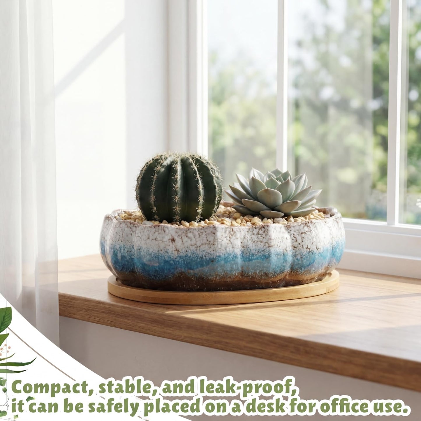 Singhoow Succulent Planter Pot with Drainage Holes Large Ceramic Glazed Planter with Bamboo Wooden Tray and mesh Pads Shallow Bonsai Pot for Indoor Cactus Flower Plant(Lotus-Shaped,Turquoise)