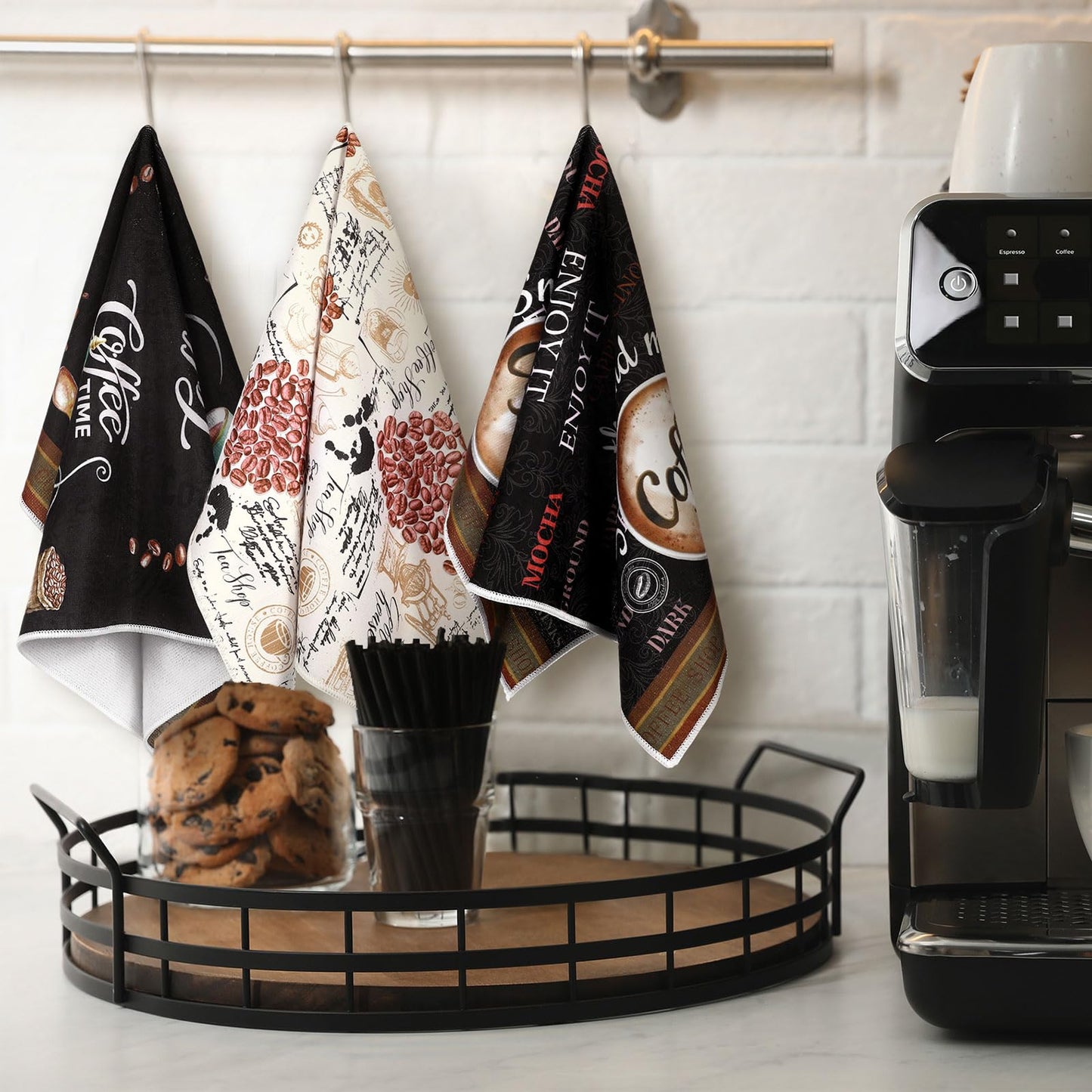 Ferraycle 6 Pcs Coffee Kitchen Towels, Absorbent Dish Towels 24 x 16 Inches, Dish Cloths, Kitchen Decorative Hand Cloths, Gifts for Cooking Baking Bathroom Bar Farmhouse(Black and Brown,Coffee Gnomes)