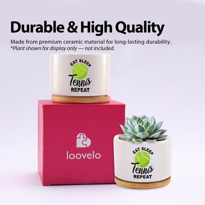 Loovelo Eat Sleep Tennis Repeat Tennis Gifts for Sports Lover Coach Player Ceramic Succulent Plant Pot with Bamboo Tray Home Office Decor 3.5 Inch White (No Plants)