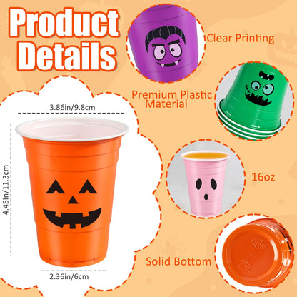 50 Pack Halloween Plastic Cups - Colorful 16Oz Disposable Drinking Cups, Vampire Mummy Monster Ghost Pumpkin Party Cups for Halloween Party Favors Coffee Wine Hot Cold Drinks (5 Designs)