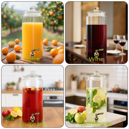 Glass Drink Dispensers For Parties, 1.5 Gallon Beverage Dispenser With Glass Airtight Lids, Gold Metal Stand And Stainless Steel Spigot. Lemonade & Juice Dispenser With Chalk board-One Pack