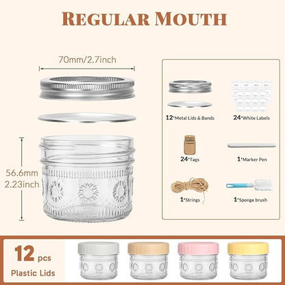 CycleMore 4oz Mason Jars, 12 Pack SunFlower Jar With Silver Separable Lids & Colorful Plastic Lids, Mini Canning Jars for Honey, Jam, Jelly, Wedding Favors, Kitchen Food Storage