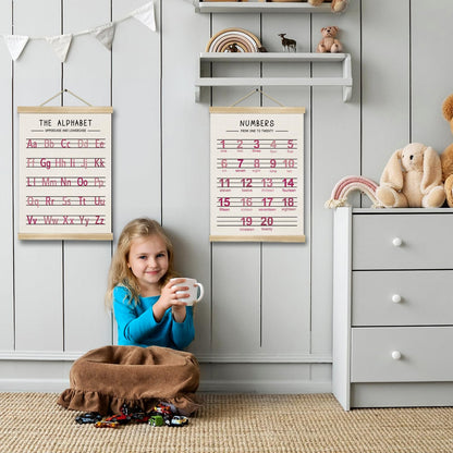 Alphabet and Numbers Wall Chart Set of 2 ,Nursery Educational Posters,Alphabet and 1-20 Number Learning Banners for Toddlers, Preschool Classroom, Homeschool, Playroom,Kids Room Decor 14 x 18.5 Inch(Pink)